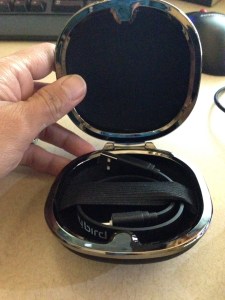 The charger cable in the carrying case.  It's a clam shell with a magnetic close.